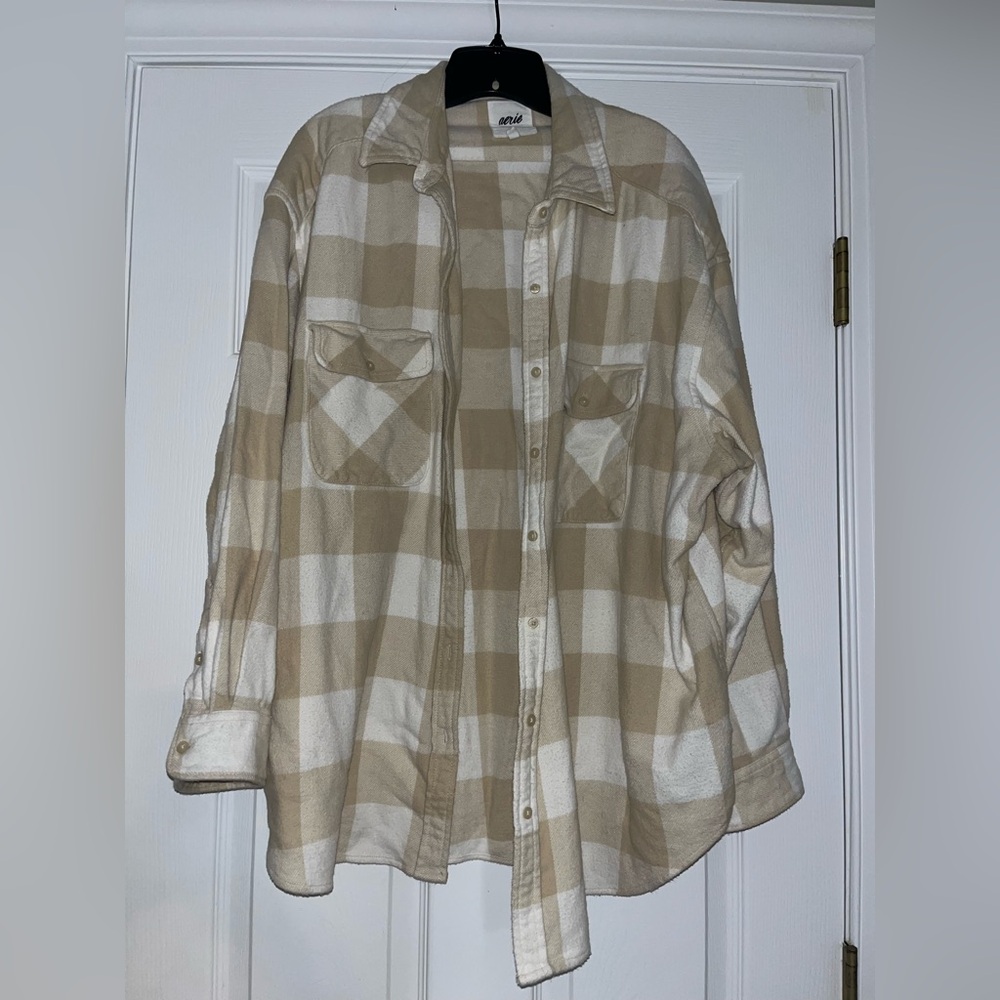 Aerie Tan and White Checkered Flannel oversized button down